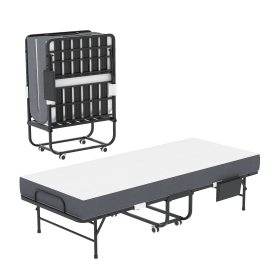 75 Inch Folding Bed with 5" Memory Foam Mattress, Space Saving Rollaway Guest Bed, Heavy-Duty Metal Frame on Wheels
