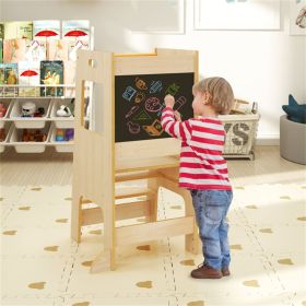Multi-Use Toddler Kitchen Step Stool With Activity Chalkboard Adjustable Height & Rail - Natural