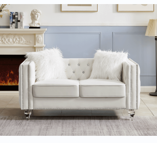 Beige, Two-seater Sofa, Velvet Crystal Buckle Upholstery Sofa, Crystal Feet, Removable Cushion, Two Plush Pillow