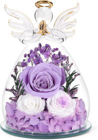 Gifts for Mom Birthday Gifts for Women Preserved Rose Forever Flower in Glass Angel Figurines Fresh Flowers for Delivery Anniversary Mothers Day (Color: Lavender Purple (Rose, Austin, Baby's Breath, Hydrangea))