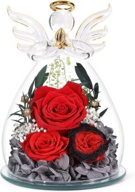 Gifts for Mom Birthday Gifts for Women Preserved Rose Forever Flower in Glass Angel Figurines Fresh Flowers for Delivery Anniversary Mothers Day (Color: Deep Red (Rose, Austin, Baby's Breath, Hydrangea))