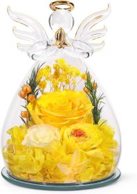 Gifts for Mom Birthday Gifts for Women Preserved Rose Forever Flower in Glass Angel Figurines Fresh Flowers for Delivery Anniversary Mothers Day (Color: Yellow (Rose, Austin, Baby's Breath, Hydrangea))