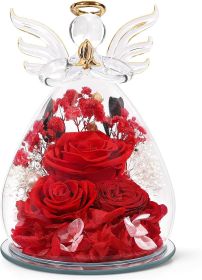Gifts for Mom Birthday Gifts for Women Preserved Rose Forever Flower in Glass Angel Figurines Fresh Flowers for Delivery Anniversary Mothers Day (Color: Red (Rose, Austin, Baby's Breath, Hydrangea))